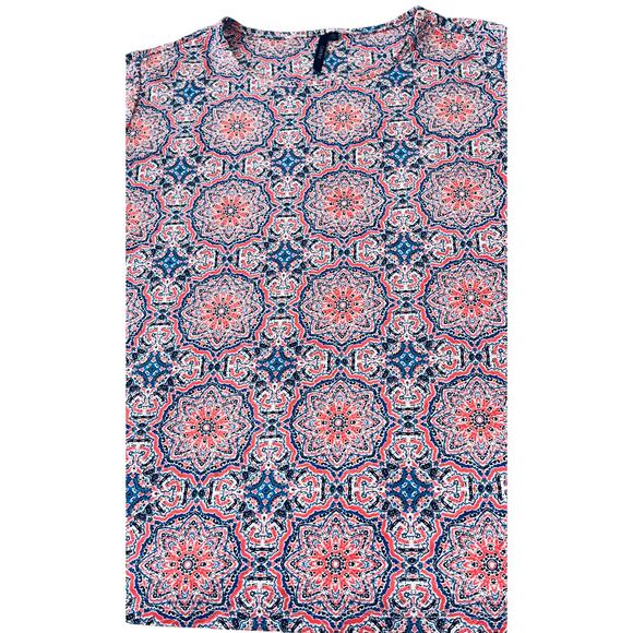 CATHY 3/4 SLEEVE ROUND NECK BLOUSE, WOMENS, L, PINK, BLUE, WHITE GEOMETRIC - Picture 7 of 12